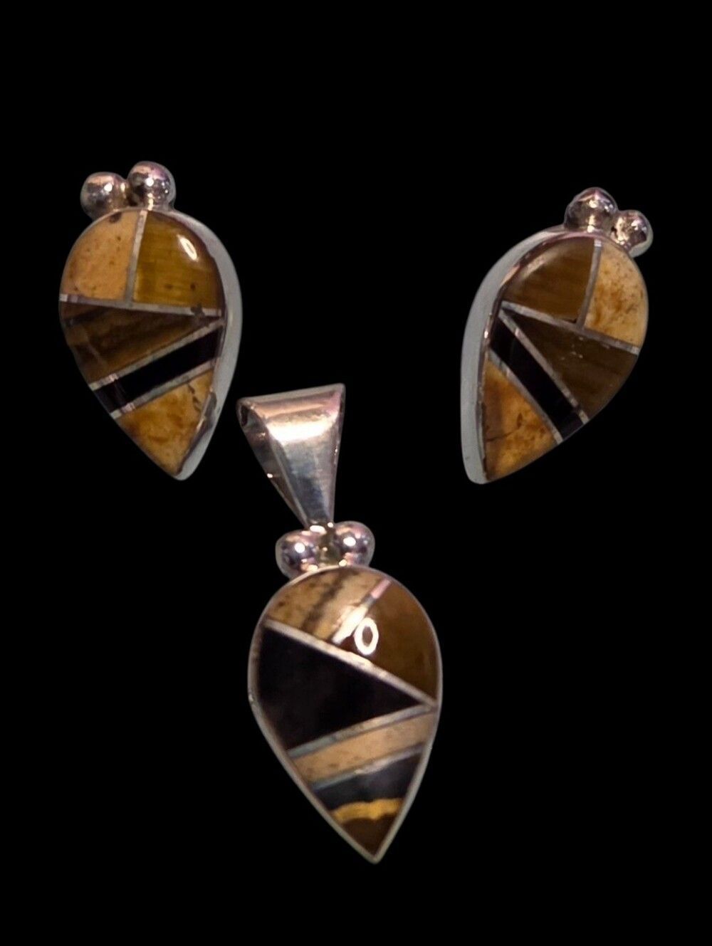 Signed RB Richard & Rita Begay Navajo Sterling Tiger’s Eye Teardrop Inlay Set